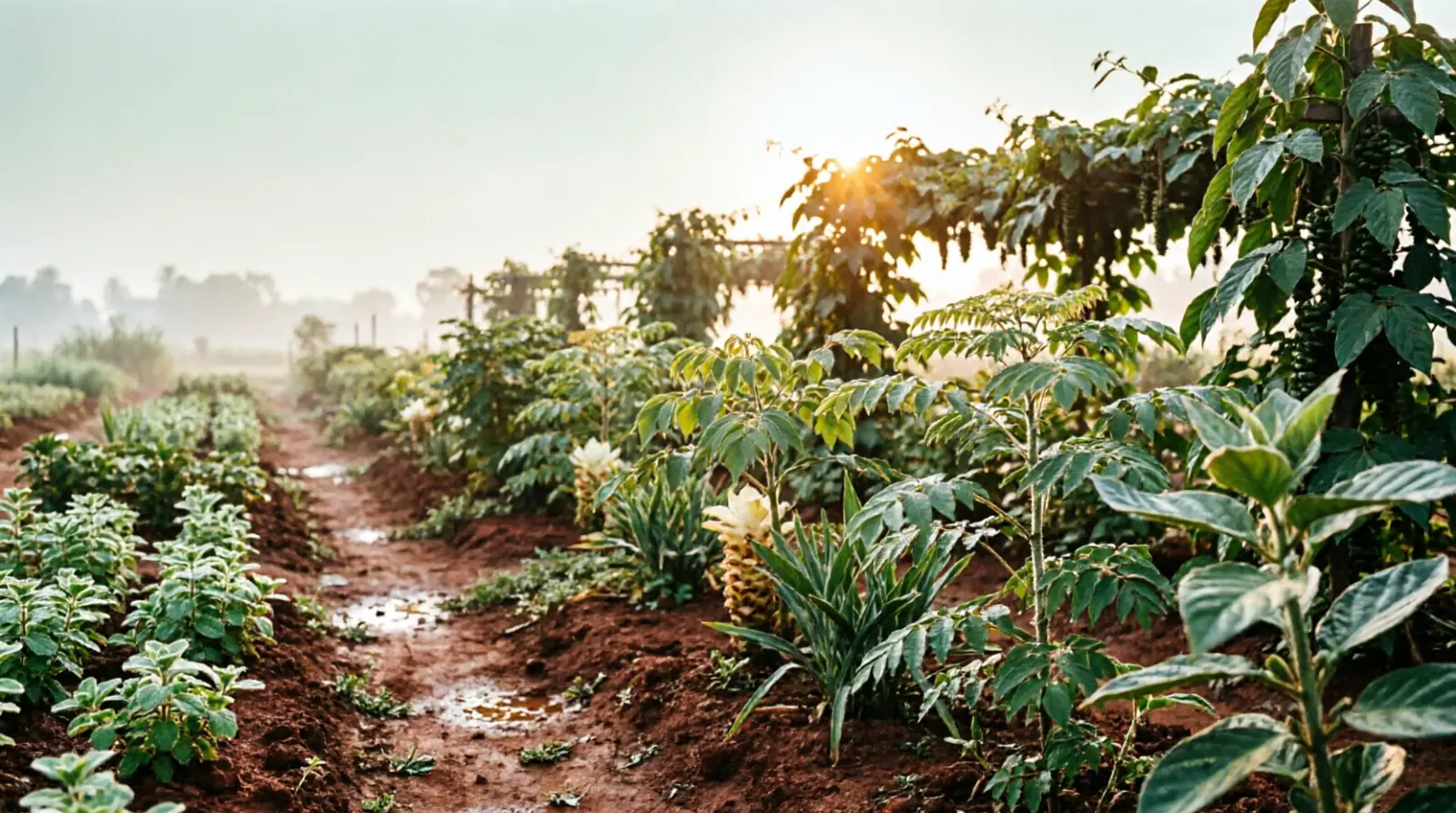 The herbal garden at Rishiteertham at sunrise